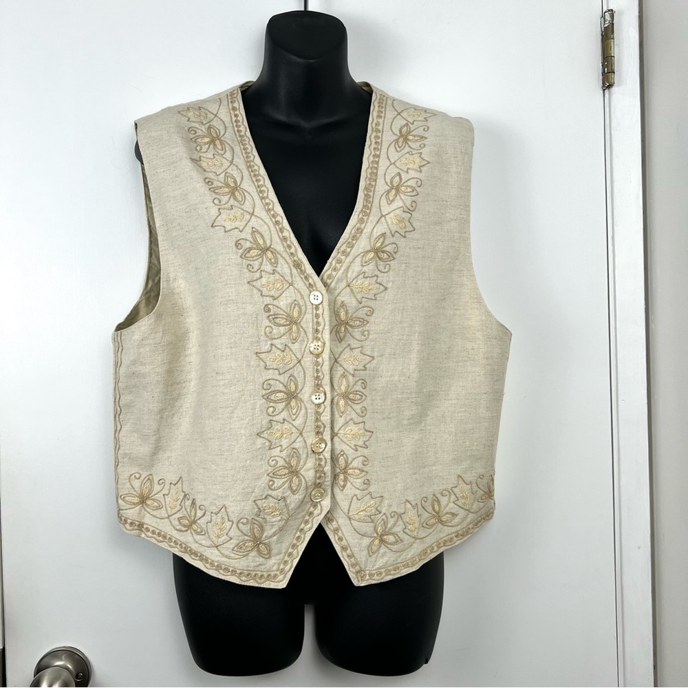 Vintage Boho Embroidered Tie Back Vest sz M Beige Y2K Trending Summer Festival